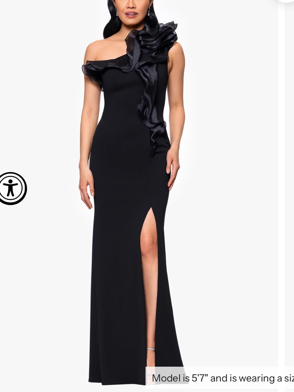 Betsy & Adam "DREA" SCUBA CREPE DROP SHOULDER RUFFLE DRESS